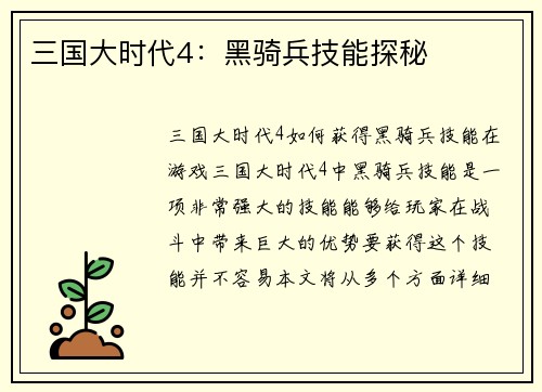 三国大时代4：黑骑兵技能探秘